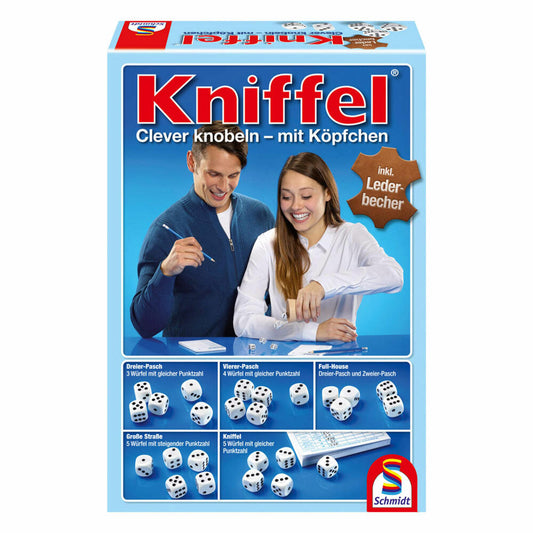 Schmidt Spiele Kniffel mit Lederwürfelbecher, Familienspiel, Brettspiel, Rollenspiel, 2 bis 8 Spieler, 49030