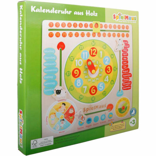 SpielMaus Wooden Calendar Clock made of Wood 30x30cm