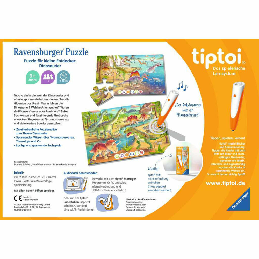 Ravensburger tiptoi puzzle for little explorers: dinosaurs, children's puzzle, game, from 3 years, 00198