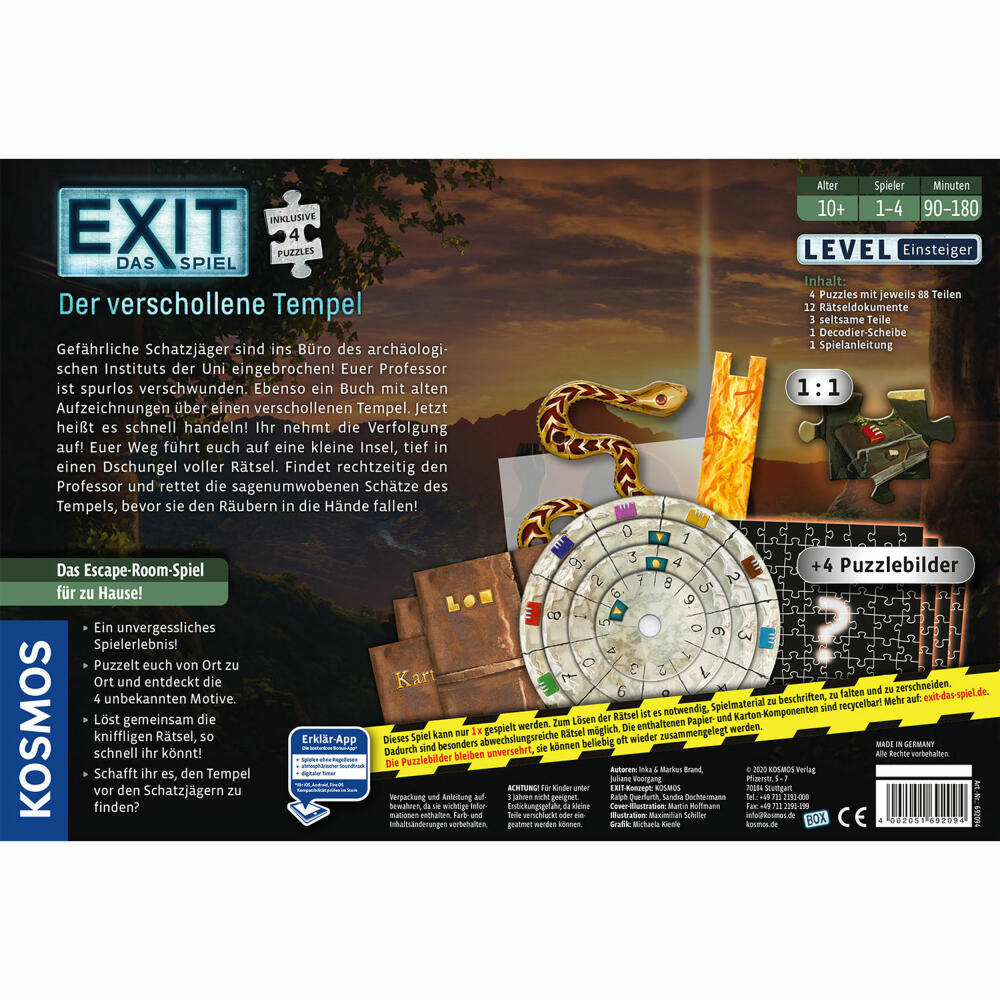 KOSMOS EXIT Das Spiel + Puzzle - Der verschollene Tempel, Puzzle, Spiel, Familienspiel, ab 10 Jahren, 692094