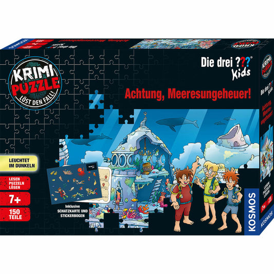 KOSMOS Krimipuzzle Die drei ??? Kids Achtung, Meeresungeheuer!, Leuchtpuzzle, Krimi Puzzle, 150 Teile, ab 7 Jahren, 680664