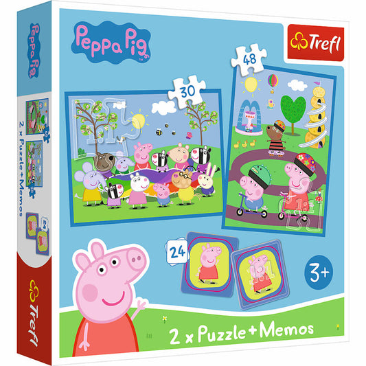 Trefl 2 in 1 Puzzles + Memo- Peppa Pig, 30 + 48 + 24 Teile, 27.5 x 20.5 cm, 93331