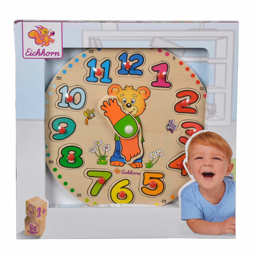 Eichhorn Lernuhr, Holzuhr, Lernspielzeug, Uhr Training, Puzzle, Bär, Spielzeug, 13-tlg., 100005456
