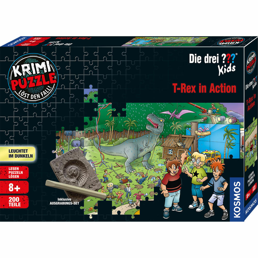 KOSMOS Krimipuzzle Die drei ??? Kids T-Rex in Action, Leuchtpuzzle, Krimi Puzzle, 200 Teile, ab 8 Jahren, 680657