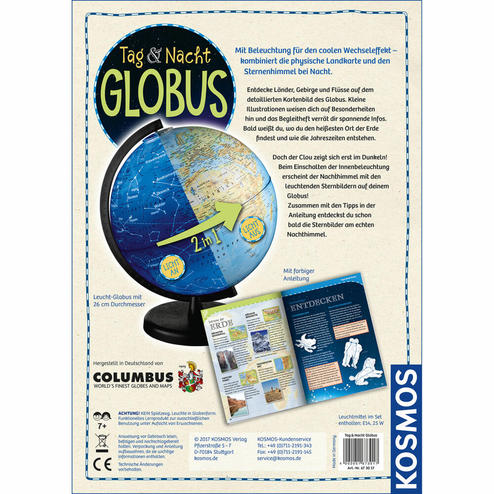 KOSMOS day and night globe, with lighting, illuminated globe, children's globe, Ø 26 cm, from 6 years, 673017