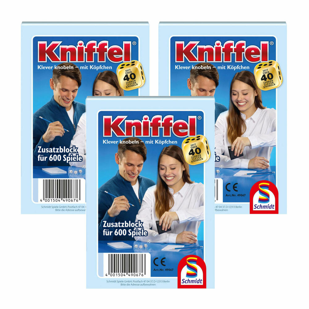 Schmidt Spiele Kniffelblock 3-piece set, additional block, family game, board game, 2 to 8 players, 3 x 600 games