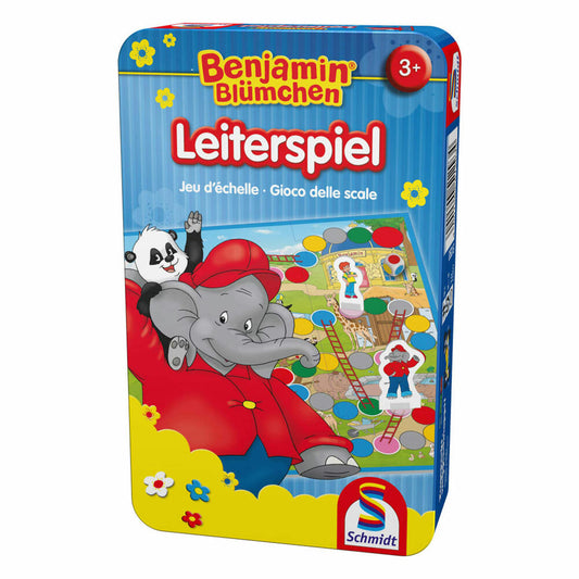 Schmidt Spiele Benjamin Blümchen, Leiterspiel, Bring-Mich-Mit-Spiel in Metalldose, Brettspiel, Gesellschaftsspiel, 2 bis 4 Spieler, 51280
