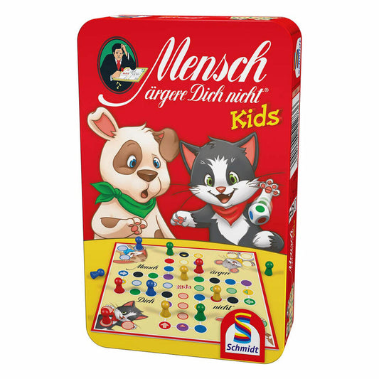 Schmidt Spiele Mensch ärgere Dich nicht Kids, Bring-Mich-Mit-Spiel in Metalldose, Brettspiel, Gesellschaftsspiel, 2 bis 4 Spieler, 51273