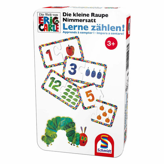 Schmidt Spiele Die kleine Raupe Nimmersatt, Lerne zählen!, Bring-Mich-Mit-Spiel in Metalldose, Brettspiel, Gesellschaftsspiel, 1 bis 3 Spieler, 51238