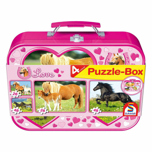 Schmidt Spiele Pferde, Puzzle-Box im Metallkoffer, 2 x 26, 2 x 48, Puzzle, Kinderpuzzle, 55588