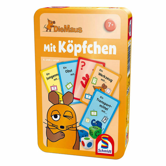 Schmidt Spiele Die Maus, Mit Köpfchen, Bring-Mich-Mit-Spiel in Metalldose, Brettspiel, Gesellschaftsspiel, 2 bis 7 Spieler, 51255