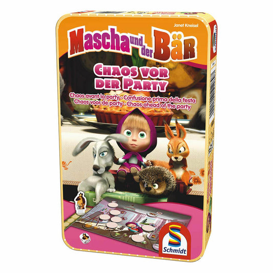 Schmidt Spiele Mascha und der Bär, Puzzle, Chaos vor der Party, Bring-Mich-Mit-Spiel in Metalldose, Brettspiel, Gesellschaftsspiel, 2 bis 4 Spieler, 51289