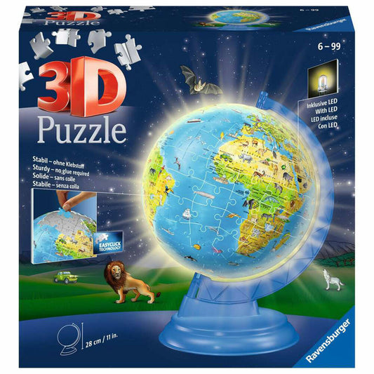Ravensburger 3D Puzzle Ball Children's Globe with Light German, three-dimensional puzzle, 180 pieces, 11274