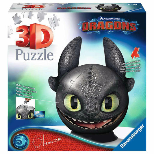 Ravensburger 3D Puzzle Ball Dragons Toothless, three-dimensional puzzle, 72 pieces, 11145