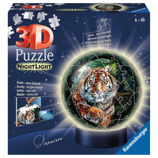 Ravensburger 3D Puzzle Ball Night Light Big Cats, three-dimensional puzzle, 72 pieces, 11248