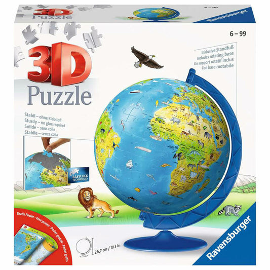 Ravensburger 3D Puzzle Ball Children's Globe in German, three-dimensional puzzle, 180 pieces, 11160
