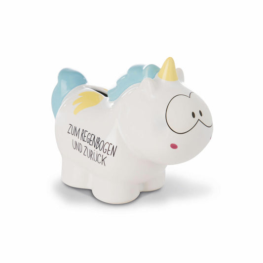 NICI Theodor and Friends Rainbow Flair Zum Regenbogen und Zurück Spareinhorn, Spardose, Einhorn, Dose, Sparbüchse, Dolomit / Keramik, Weiß / Hellblau, 16.5 cm, 42505