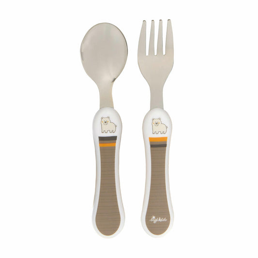 sigikid cutlery Honi Boni Bear, 2-piece, children's cutlery, cutlery set, fork, spoon, children, taupe / white, 25188