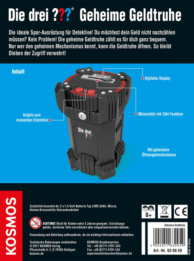 KOSMOS Detektive Die drei ??? Geheime Geldtruhe mit digitaler Zählfunktion, Geld Truhe, Spardose, Spar Dose, ab 8 Jahren, 630959