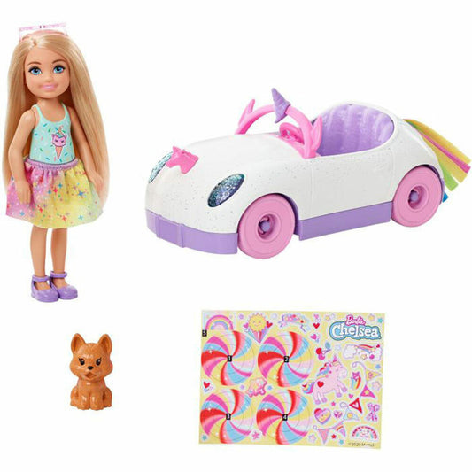 Mattel GXT41 Barbie Chelsea Puppe Spiel-Set inkl. Auto, Regenbogen-Einhorn Zubehör