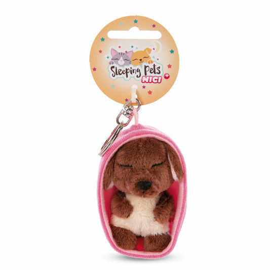 NICI Sleeping Pets Hund Schlüsselanhänger, Schlüssel Anhänger, Glücksbringer, Braun, 8 cm, 48832