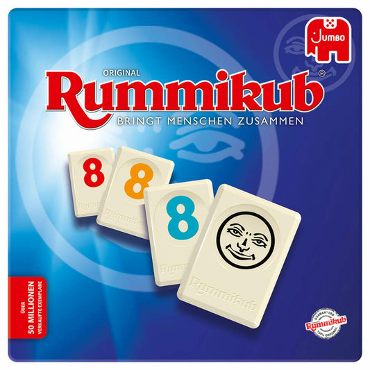 Jumbo Games Original Rummikub in metal tin, board game, family game, number placement game, 3973