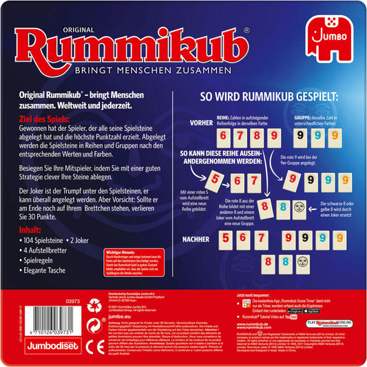 Jumbo Spiele Original Rummikub in Metalldose, Gesellschaftsspiel, Familienspiel, Zahlenablagespiel, 3973