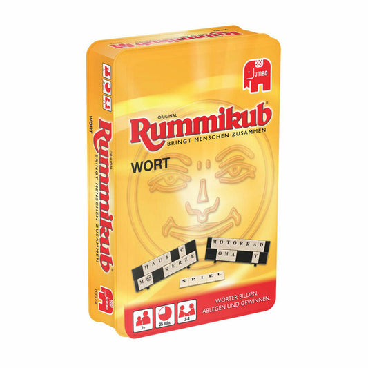 Jumbo Games Original Rummikub Word Compact in Metal Tin, Board Game, Family Game, Bring-Along Game, 3974