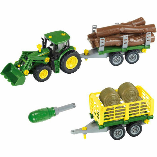 Theo Klein John Deere tractor with wood and hay wagon