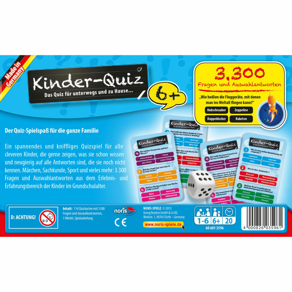 Noris Kinderquiz für schlaue Kids, Quiz, Ratespiel, Wissensspiel, Lernspiel, Kinder, Spiel, 6+, 606013596