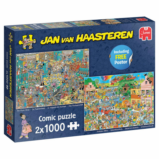 Jumbo Spiele Jan van Haasteren - Musik-Shop & Urlaubsfieber, Puzzle, Erwachsenenpuzzle, Puzzlespiel, 2 x 1000 Teile, 20049