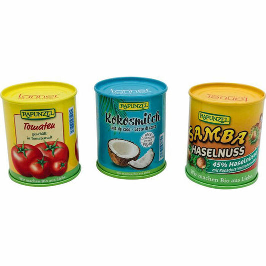 Tanner Delicious natural food from Rapunzel in metal cans