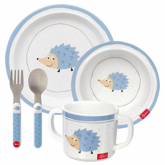 sigikid Melamin Set Igel, 5-tlg., Teller, Tasse, Gabel, Löffel, Schüssel, Besteck, Kinder, Blau, 24981