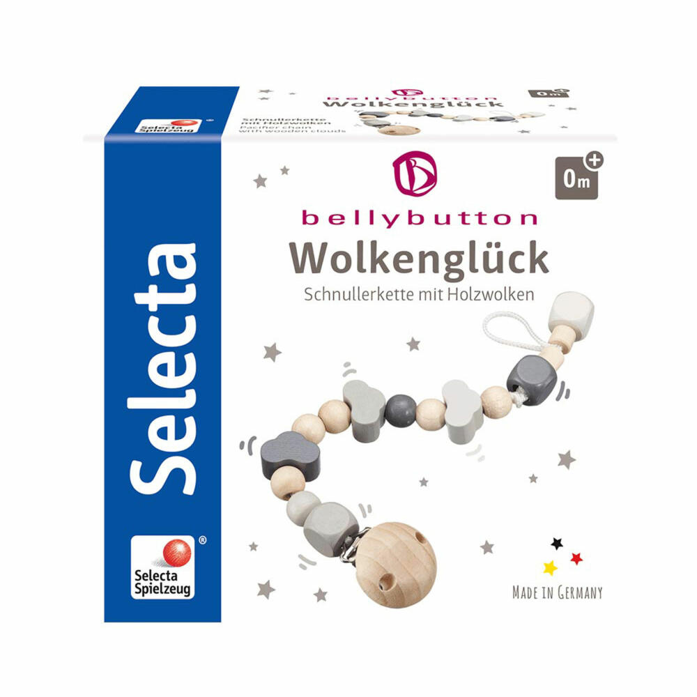 Selecta Toy Cloud Happiness Pacifier Chain, Pacifier Chain, Toddler Game, Toddler Toy, Wood, Grey, 21 cm, 64006