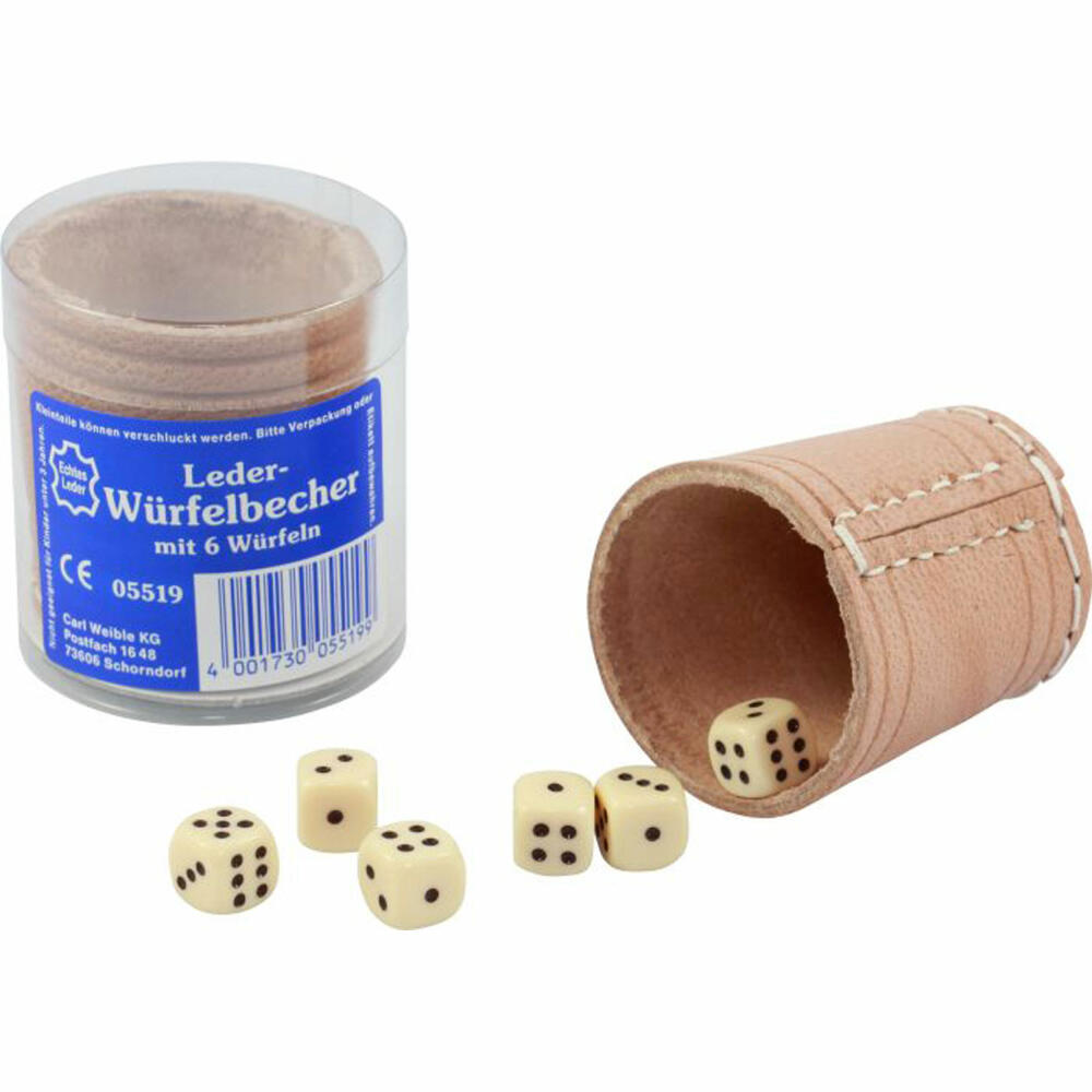 Carl Weible Würfelbecher, mit 6 Würfel, Würfel Becher, Lederbecher, Rind-Naturleder, 5519