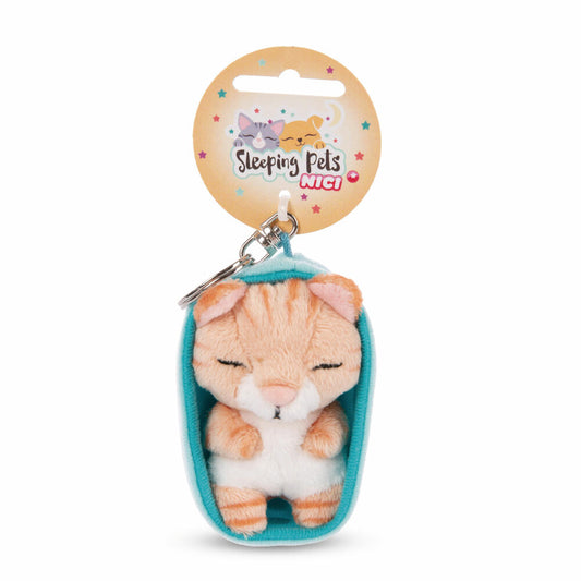 NICI Sleeping Pets Katze Schlüsselanhänger, Schlüssel Anhänger, Glücksbringer, Braun Getigert, 8 cm, 48837