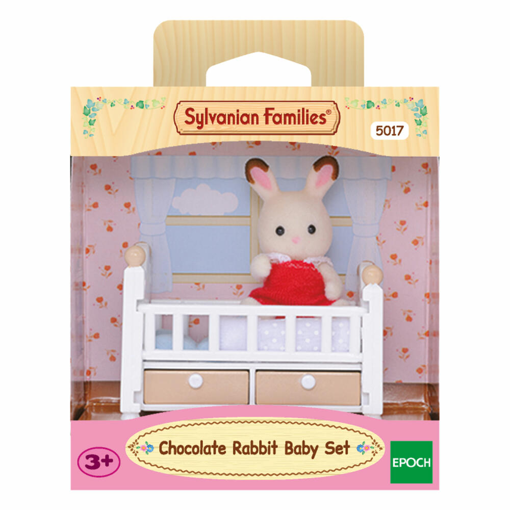 Sylvanian Families Chocolate Bunny Baby Rosi with Baby Bed, Family Spoon, Bed, Bunny, Playset, 5017