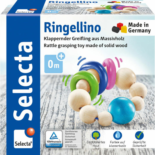 Selecta Ringellino, klappernder Greifling, Greifring, Greifspielzeug, Holz Spielzeug, 8.5 cm, 61070