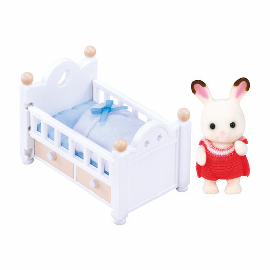 Sylvanian Families Chocolate Bunny Baby Rosi with Baby Bed, Family Spoon, Bed, Bunny, Playset, 5017