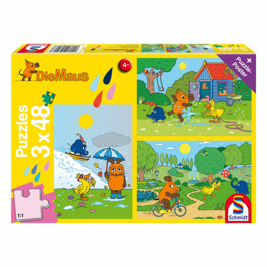 Schmidt Spiele Die Maus Viel Spaß mit der Maus, Kinderpuzzle, 3 x 48 Teile, Puzzle, Puzzlespiel, Ab 4 Jahren, 56213