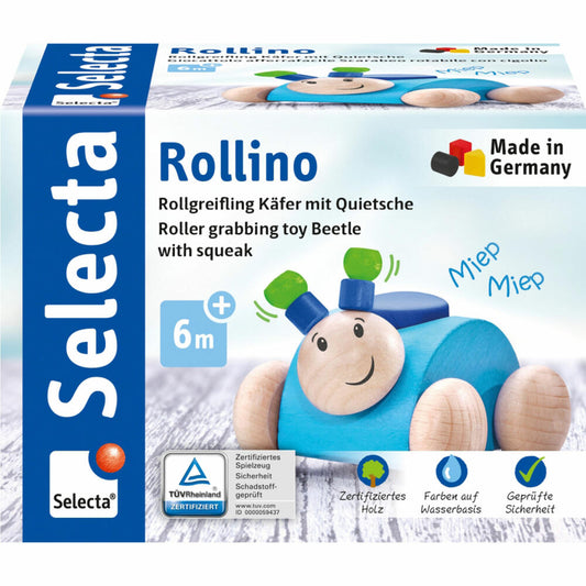 Selecta Rollino, Rollgreifling, Greifling, Greifspielzeug, Holz Spielzeug, Blau, 7.5 cm, 61073