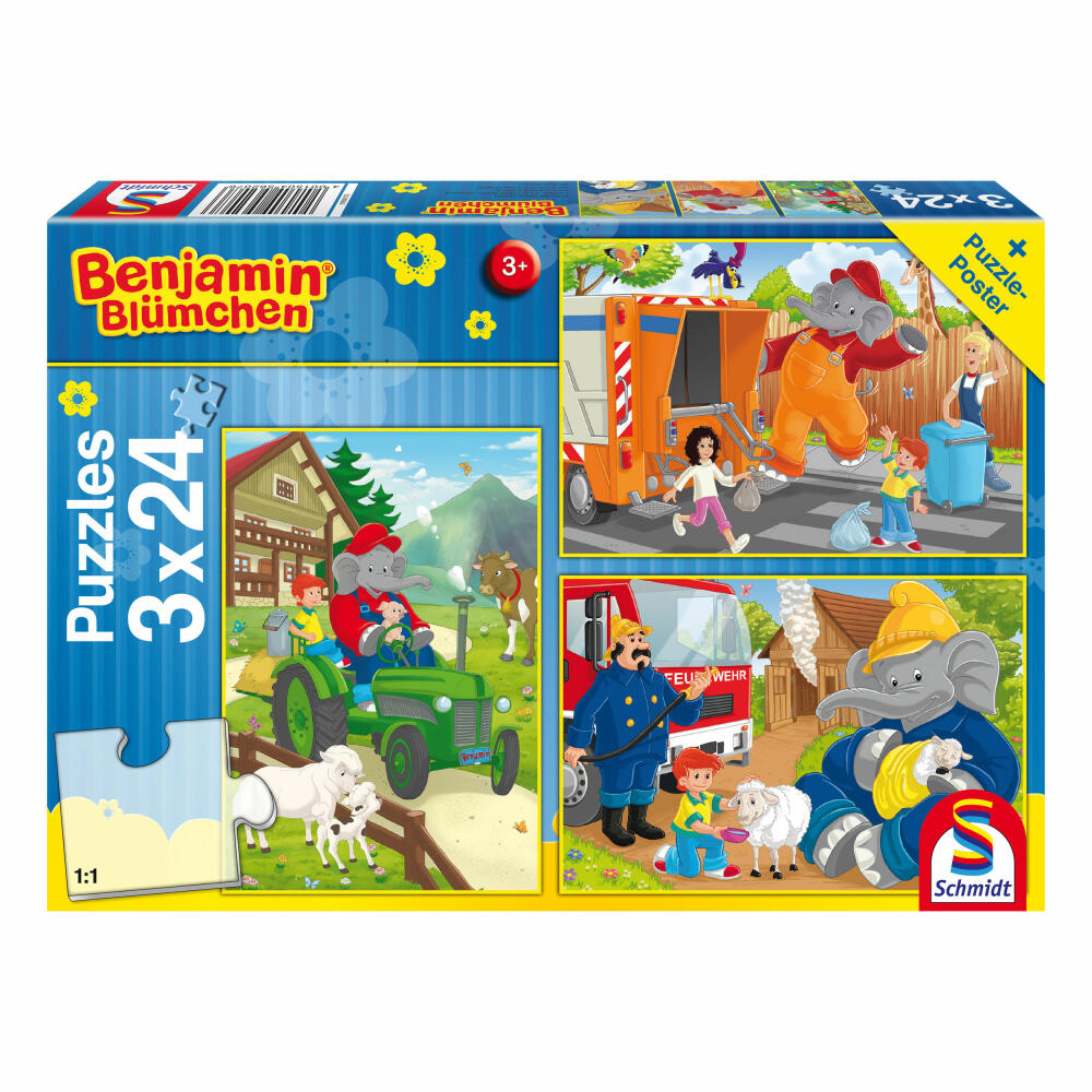 Schmidt Spiele Benjamin Blümchen In Aktion, Kinderpuzzle, 3 x 24 Teile , Puzzle, Puzzlespiel, Ab 3 Jahren, 56207