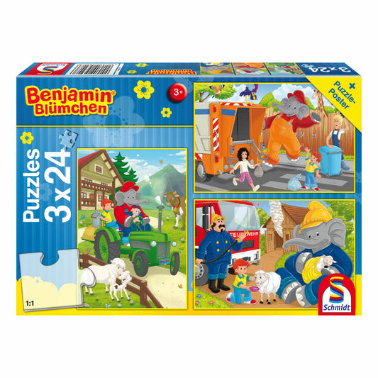 Schmidt Spiele Benjamin Blümchen In Aktion, Kinderpuzzle, 3 x 24 Teile , Puzzle, Puzzlespiel, Ab 3 Jahren, 56207