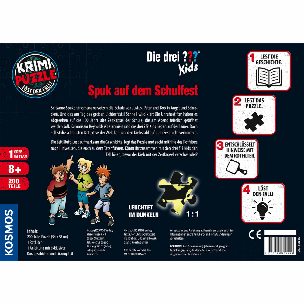 KOSMOS Krimipuzzle Die Drei ??? Kids Spuk auf dem Schulfest Puzzlespiel Kinderspiel Rätsel Spiel 200 Teile, 697983