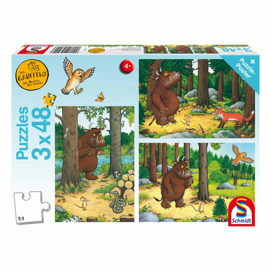 Schmidt Spiele Grüffelo Wer hat Angst vorm Grüffelo, Kinderpuzzle, 3 x 48 Teile, Puzzle, Puzzlespiel, Ab 4 Jahren, 56211