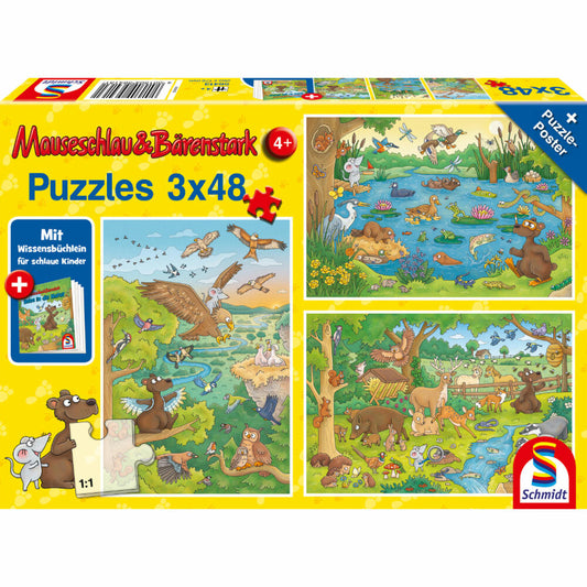 Schmidt Spiele Mauseschlau &amp; Bärenstark Journey into nature, with add-on, children's puzzle, children's puzzle, children's puzzles, 3 x 48 pieces, 56413