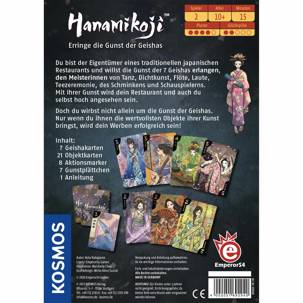 KOSMOS Family Games Hanamikoji, Geisha, Japan, Game for Two, Ages 10+, 692940