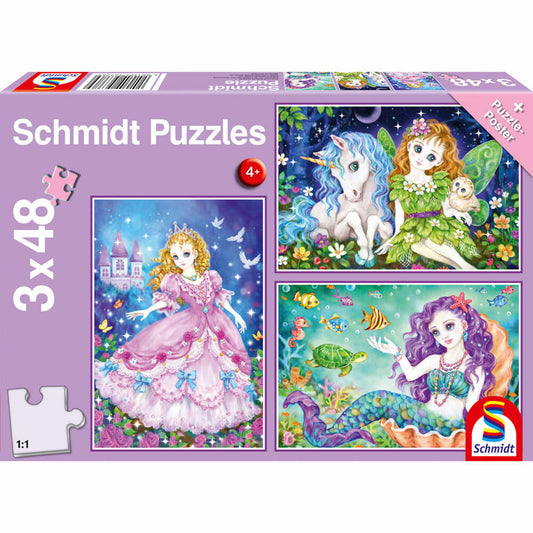 Schmidt Spiele Prinzessin Fee & Meerjungfrau, Kinderpuzzle, Kinder Puzzle, Kinderpuzzles, 3 x 48 Teile, 56376
