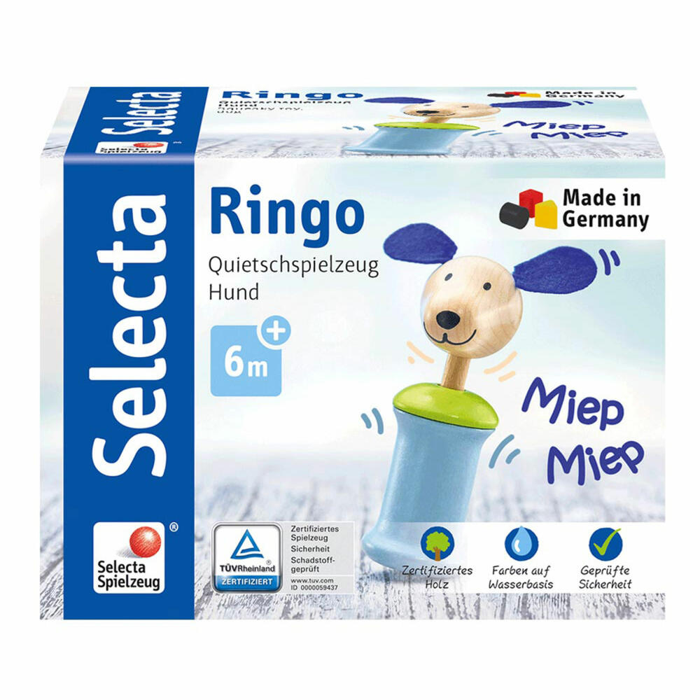 Selecta Toy Ringo Dog Grasping Toy with Squeaker, Rattle, Baby Game, Baby Toy, Wood, 12 cm, 61056