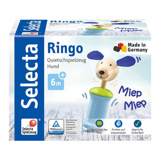 Selecta Toy Ringo Dog Grasping Toy with Squeaker, Rattle, Baby Game, Baby Toy, Wood, 12 cm, 61056